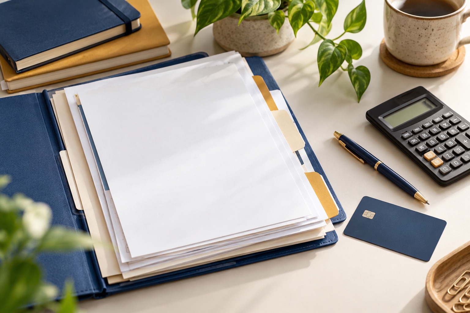 Dossier, documents et carte sans données visibles, illustration générée.