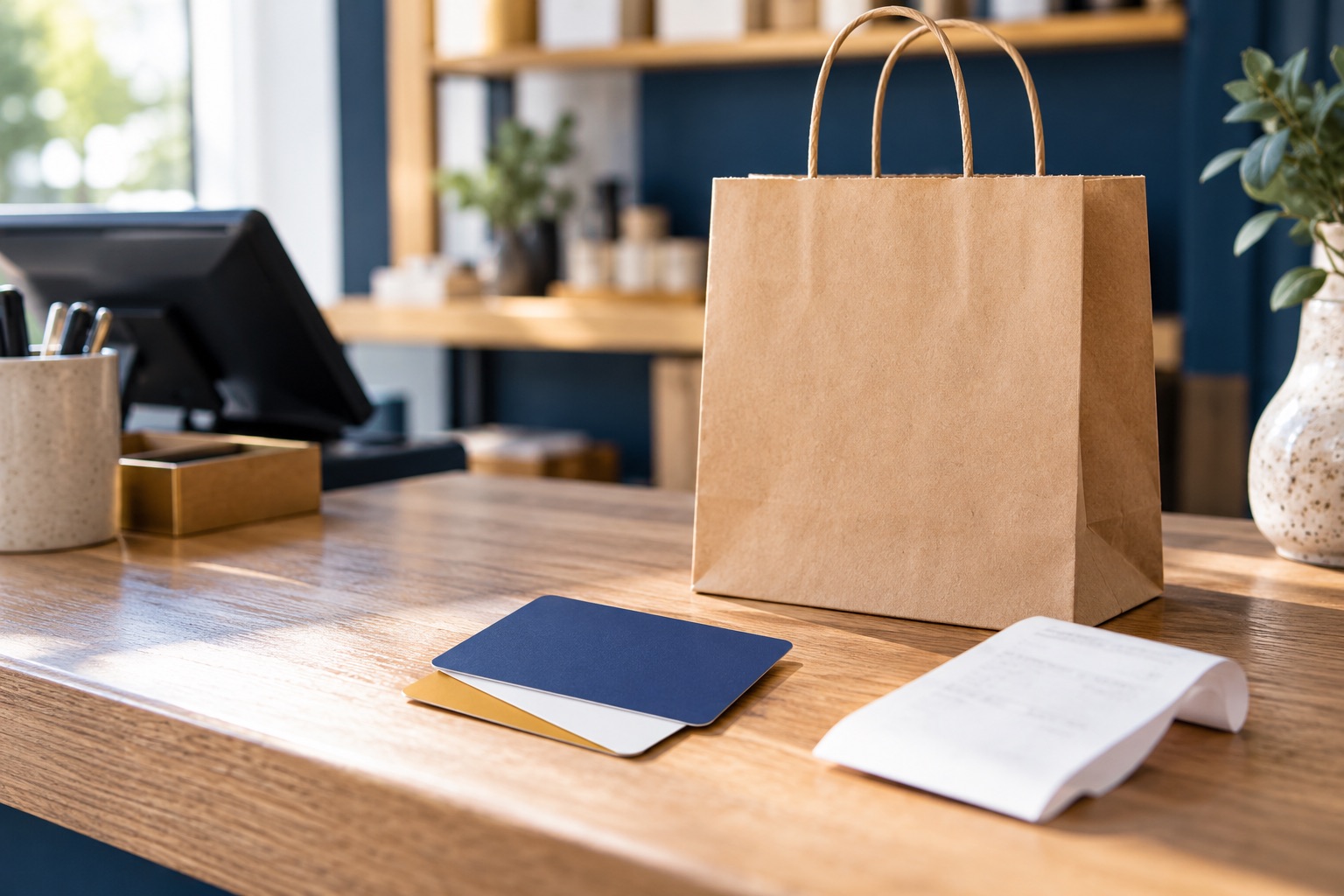 Cartes sans marque, portefeuille ou sac de magasin sur un bureau, illustration générée.