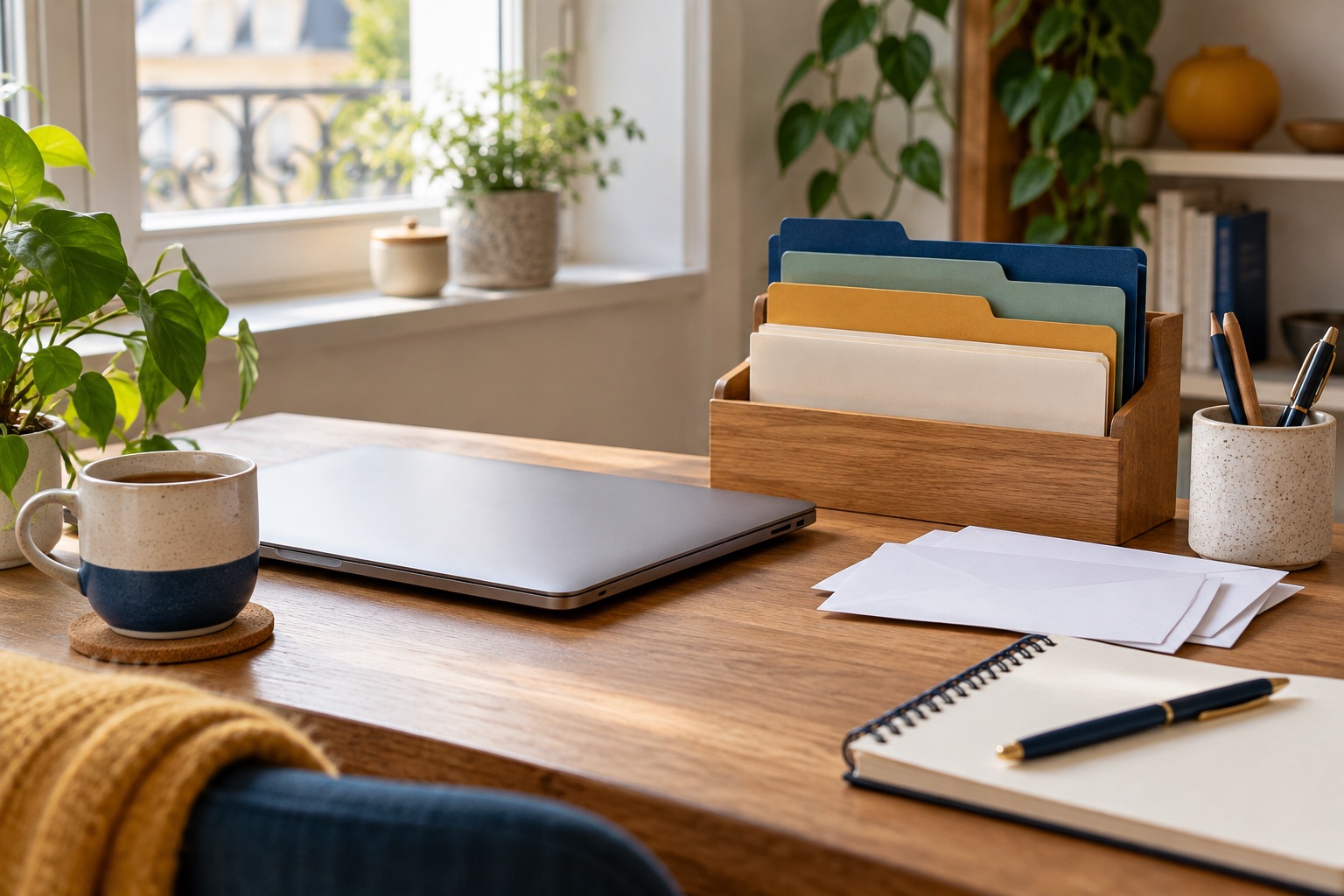 Ordinateur fermé, enveloppes et carnet sur un bureau organisé, illustration générée.