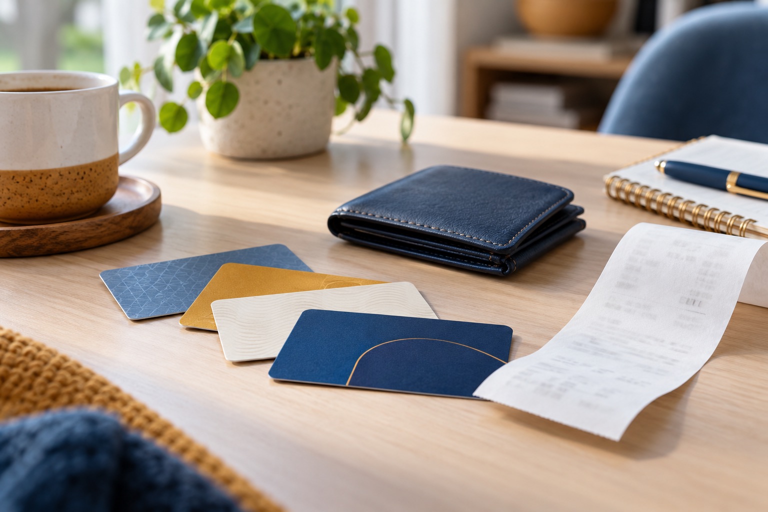 Ordinateur fermé, enveloppes et carnet sur un bureau organisé, illustration générée.