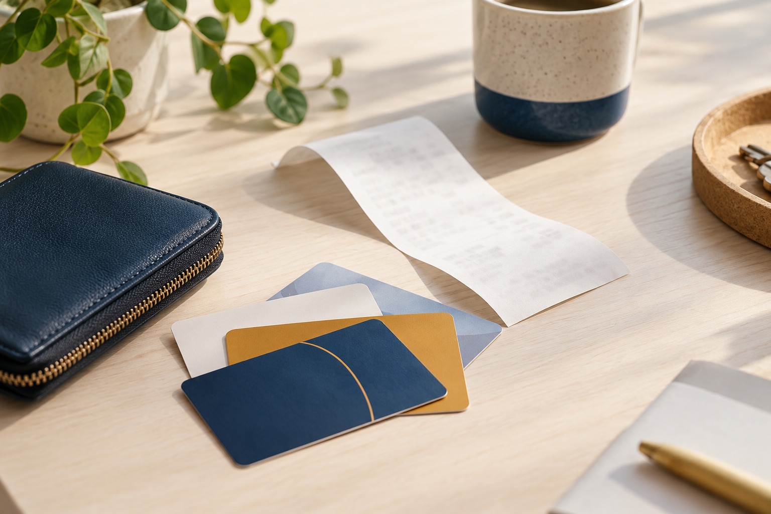 Cartes sans marque, portefeuille ou sac de magasin sur un bureau, illustration générée.