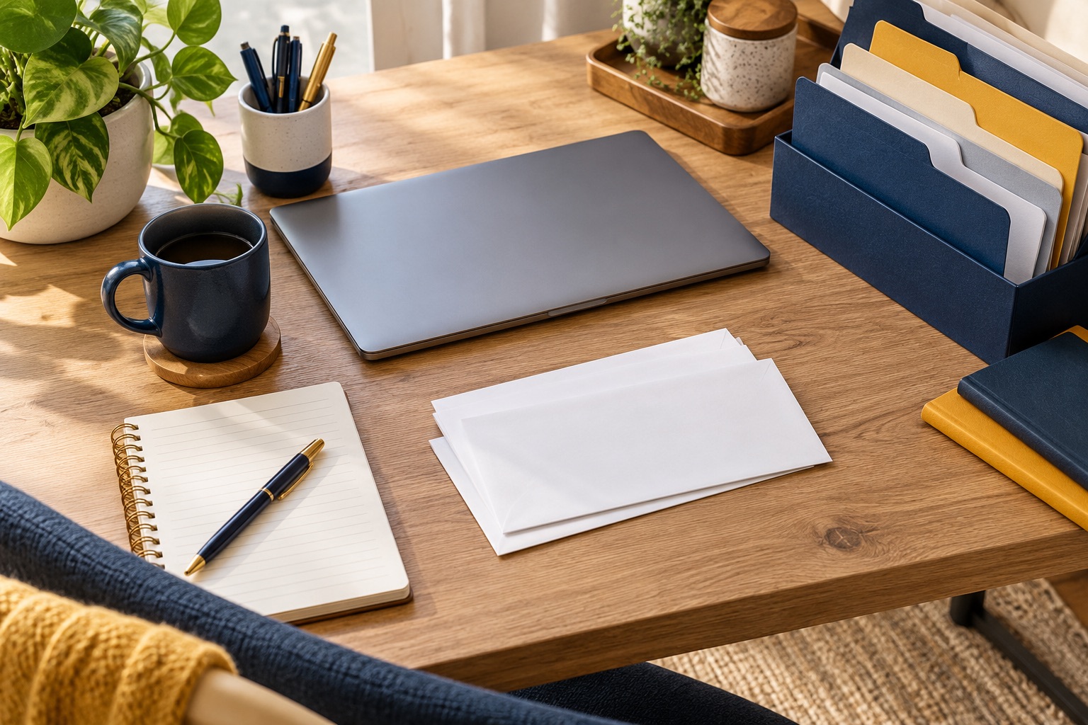 Ordinateur fermé, enveloppes et carnet sur un bureau organisé, illustration générée.